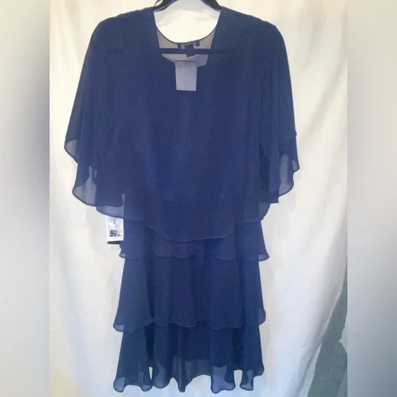 💙 SLNY SL Fashion New York Embellished Navy Tiered Chiffon Dress & Capelet  NWT - Picture 5 of 10
